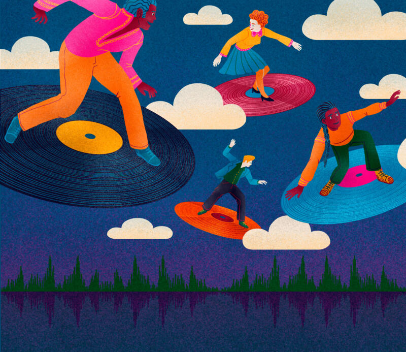 Illustration med färgglada personer som surfar i himlen på vinylskivor.