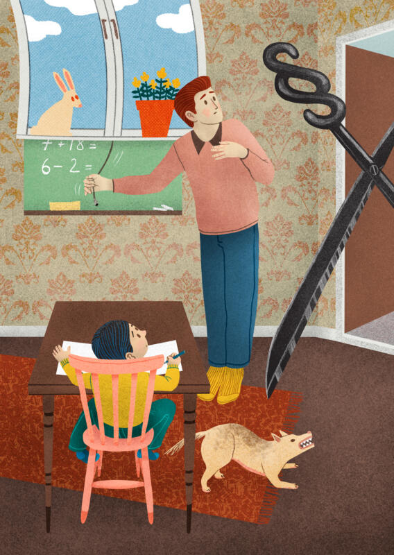 Illustration showing a home-schooling family with the kid sitting in a chair writing. The door opens and a scissor with paragraphs as handles enters the room.