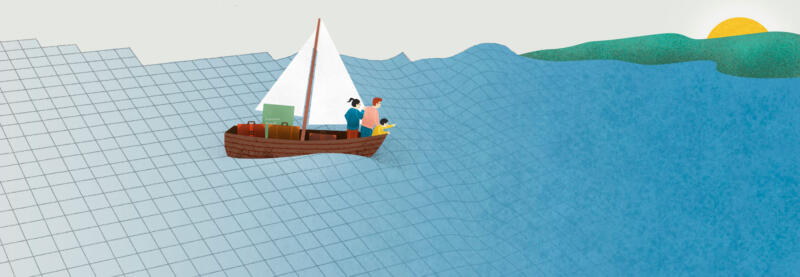 Illustration where we see a family in a sailboat approaching land. In the boat, we see bags and a blackboard.