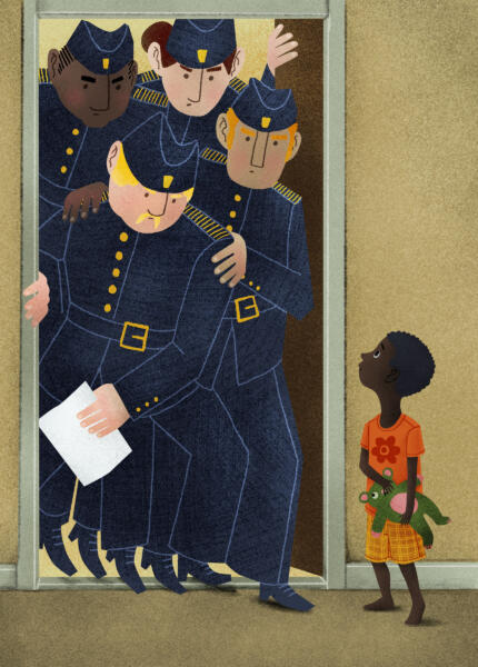 Short story illustration where you see three police with light skin coming in through a door.  A small kid with dark skin sees them and looks frightened.