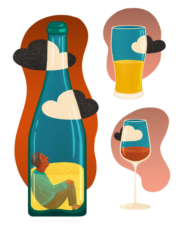 Illustration in which you see a wine bottle, a beer glass, and a wine glass. A person is sitting in the wine bottle looking gloomy. Inside the bottle and the glasses are white clouds and outside are dark clouds.