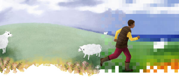 Illustration där en person går från ett landskap med får in i ett pixligt landskap med fyrkanter.