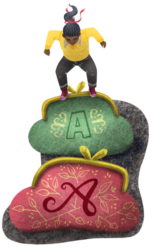 Illustration med en person som hoppar från en pengabörs till en annan. Det står bokstaven A på båda pengabörsarna.