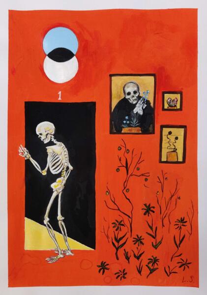 A surrealist gouache painting with a skeleton and a door on a dark burnt orange background. There are references in the form of framed pictures to the Hugo Simberg painting "Garden of death".