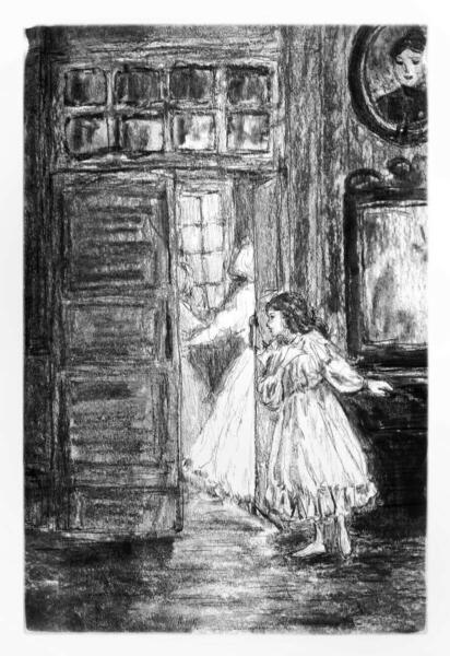 A charcoal drawing in the style of old book illustrations. Shows a nighttime scene of a girl in a white 19th century dress, looking into a room with ghostlike dancing figures.