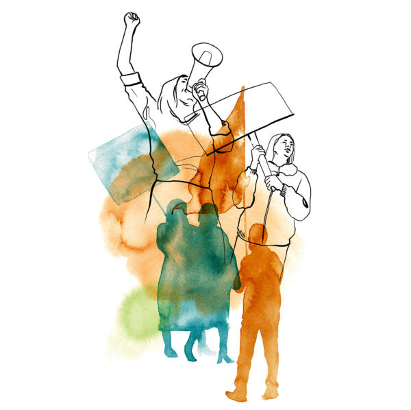 Illustration i akvarell som föreställer kvinnor och män som demonstrerar. Färgerna är orange, blå, grön