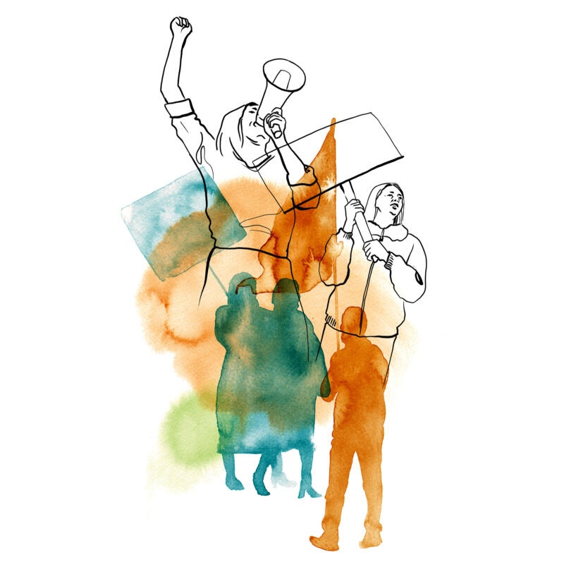 Illustration i akvarell som föreställer kvinnor och män som demonstrerar. Färgerna är orange, blå, grön.