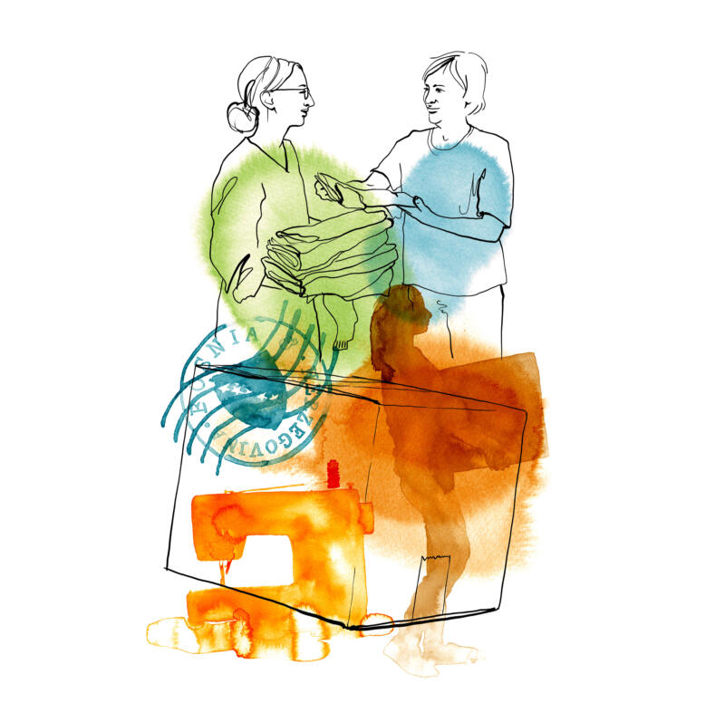 Illustration i akvarell av kvinnor som arbetar med välgörenhet och packar kläder som ska skickas. Färgerna är grönt, orange och blått.