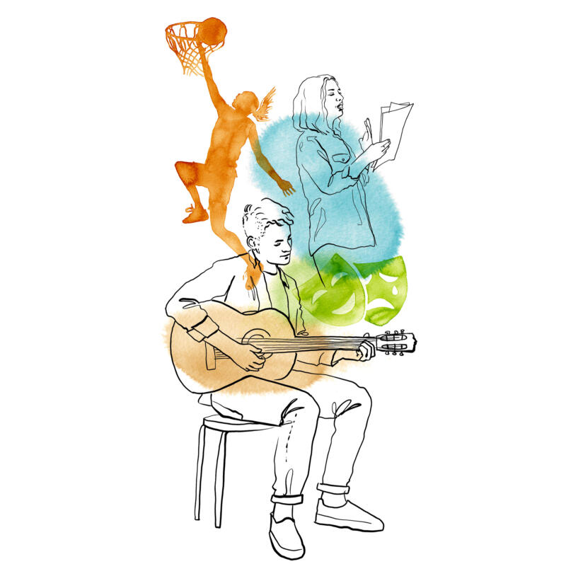 Illustration i akvarell av kille som spelar gitarr, teatermasker, tjej som spelar basket och en kvinna som sjunger eller läser manus. Färgerna är grönt, orange och blått.