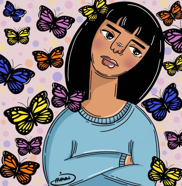 Illustration av en oimponerad tjej mellan fjärilar.