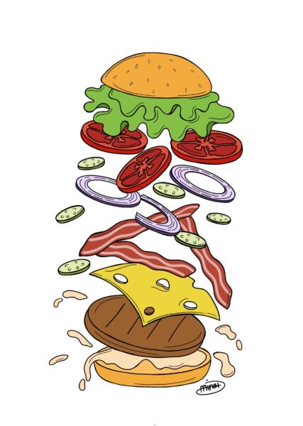 Poster av en hamburgare i delar.