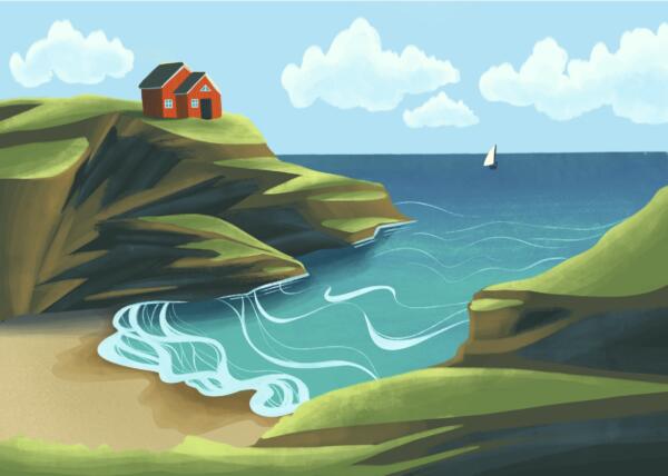 Illustration av ett rött hus på en klippa vid havet och en segelbåt.