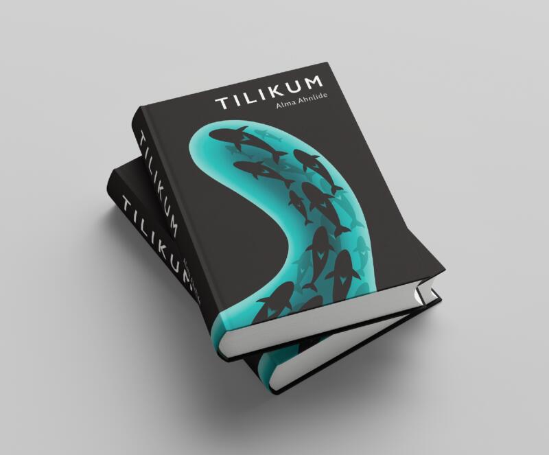 Omslagsdesign till en fiktiv bok med titeln Tilikum. På omslaget simmar en flock späckhuggare i blått vatten som formar sig efter späckhuggarens mönster.