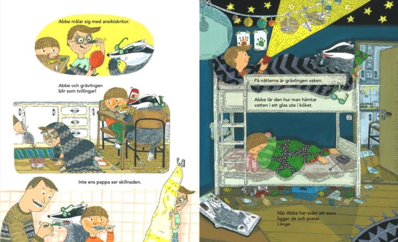 Illustration ur bilderbok målat i gouache, barnet klär ut sig till en grävling och grävlingen till barnet, de äter och borstar tänder, på högersidan ligger dom vakna i sängen och barnet lyser med en ficklampa