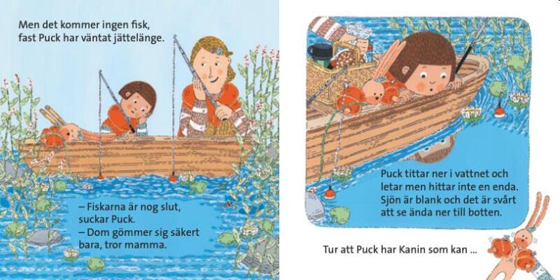 Bild ur en barnbok, ett helt uppslag, målat i gouache, ett barn, en kanin och en mamma sitter i en båt och viskar vid en sjö, det finns vass, näckrosor och stenar runt båten, dom har flytvästar på sig, barnet tittar ner i vattnet och ser sin spegelbild