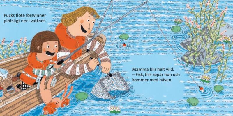 En mamma och ett barn sitter i en båt och fiskar, barnet med håv och mamman med metspö, de har fått napp och ser uppspelta ut, illustration ur en barnbok målad med gouache