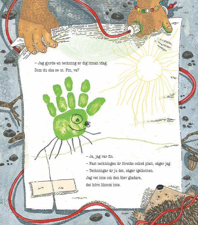 Illustration ur barnbok, en igelkott tittar på ett barns teckning , teckningen föreställer en hand som âr stämplad med grönfärg och en sol, barnets händer håller i teckningen och ett hopprep