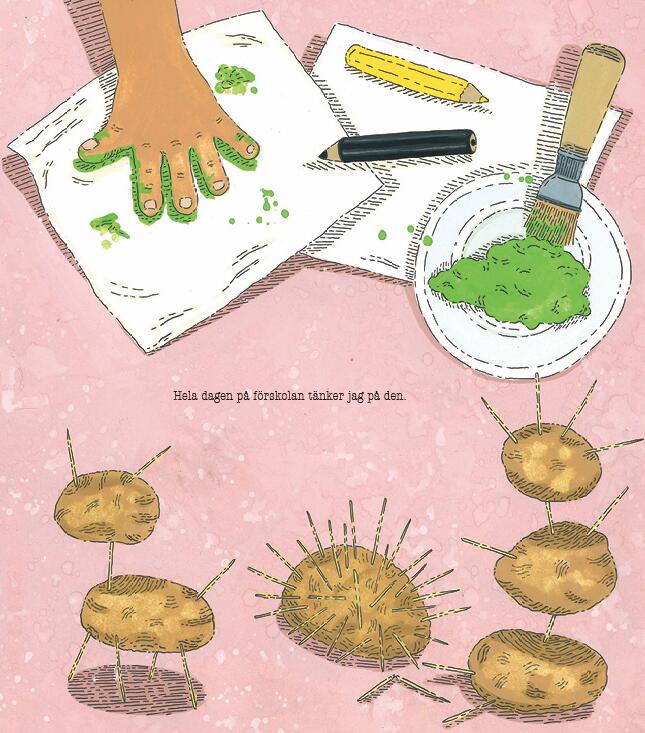 Barnboksillustration i akvarell, gouache och tuschpenna, bakgrunden är rosa med färgstänk, ett barn har grön färg på handen och stämplar den på ett papper, i förgrunden syns potatisar med tandpetare i