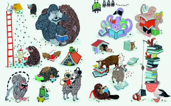 illustration ur skrift, gouache, humoristisk scen av djur om läser, böcker, bokstäver, apor, vildsvin, anka, fladdermus, bläckfisk, apa på en lama, lemurer läser, pelikan, ekorrar, getter, bäver