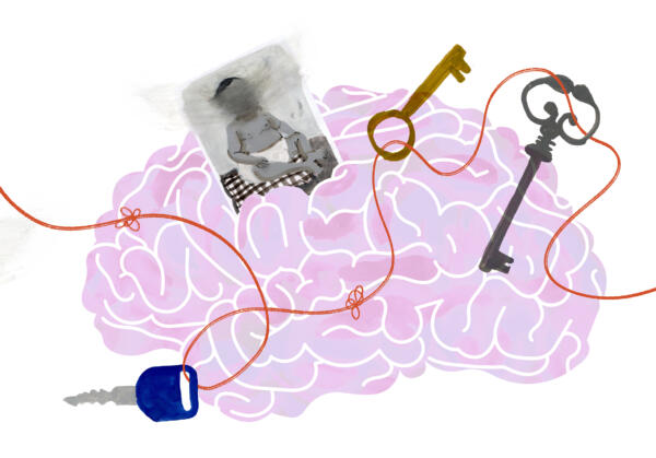 Illustration av hjärna som börjar att påverkas av Alzheimers . En röd tråd som binder ihop nycklar och forografier från förr har börjat att bli trasslig