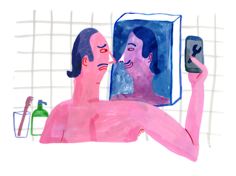 Illistration av man som använder onlineverktyg för att få hjälp att öka sin självkänsla. Han ser ledsen ut men hans spegelbild ler uppmuntrande mot honom, och han håller i en mobiltelefon.