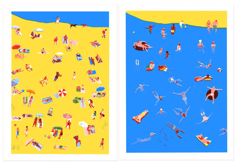 Posters picturing swimmers and sun bathers