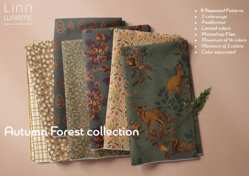 Tygklipp med mönsterdesign från kollektionen Höst Skogen, Föreställande rådjur, hare, igelkott, löv och växter.
