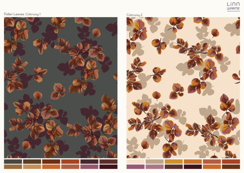 Mönsterdesign med höstlöv i två färgskalor, färgseparerat mönster om 12 färger.