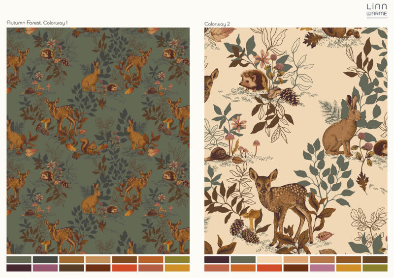 pattern design with an autumn motif, leaves, deer, hare, hedgehog, mushroom,