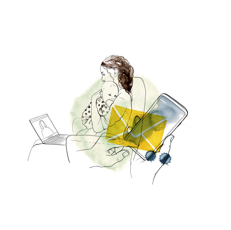 Illustration av Kvinna, mamma med bebis har videosamtal, hand telefon meddelande, kuvert, sms. Illustrationen är i akvarell och tusch i färgerna gult, grönt och blått. mäns våld mot kvinnor, Uppsala.