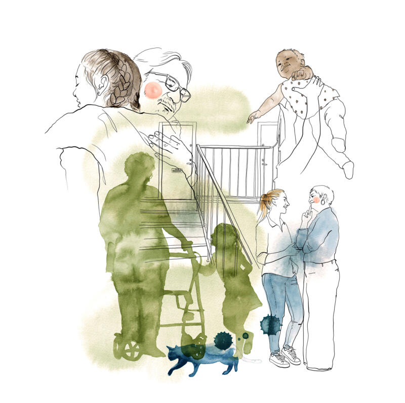 Illustration i akvarell av människor i en trappuppgång. Färgerna är grönt och blått.