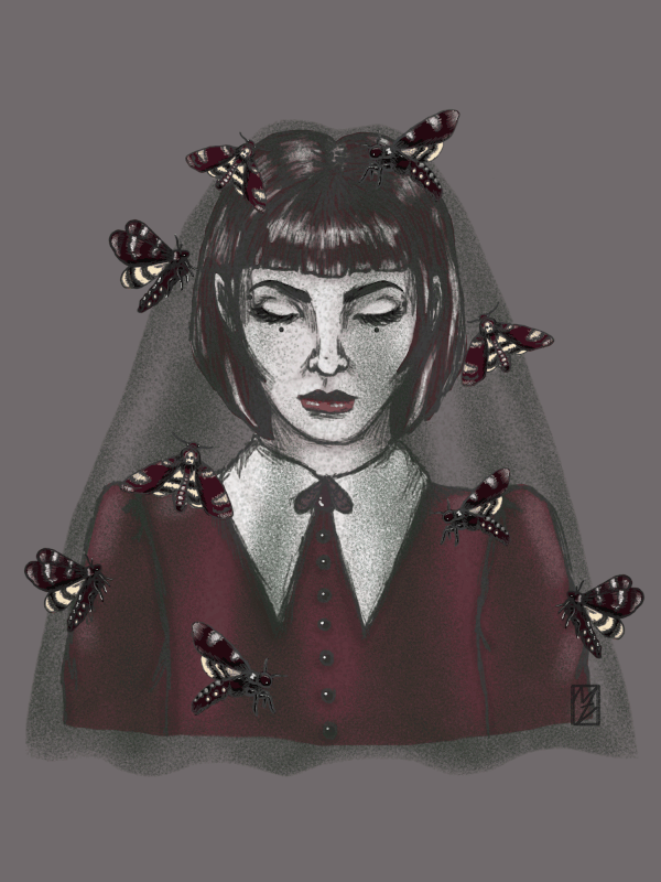Kvinna med kort mörkt hår i röd klänning med svart tunn slöja och nattfjärilar som flyger runt. Kvinnan blinkar och har vita tomma ögon.