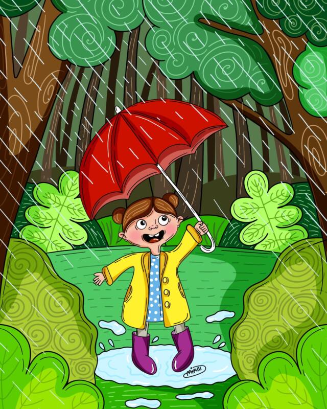 Illustration på en liten tjej i skogen