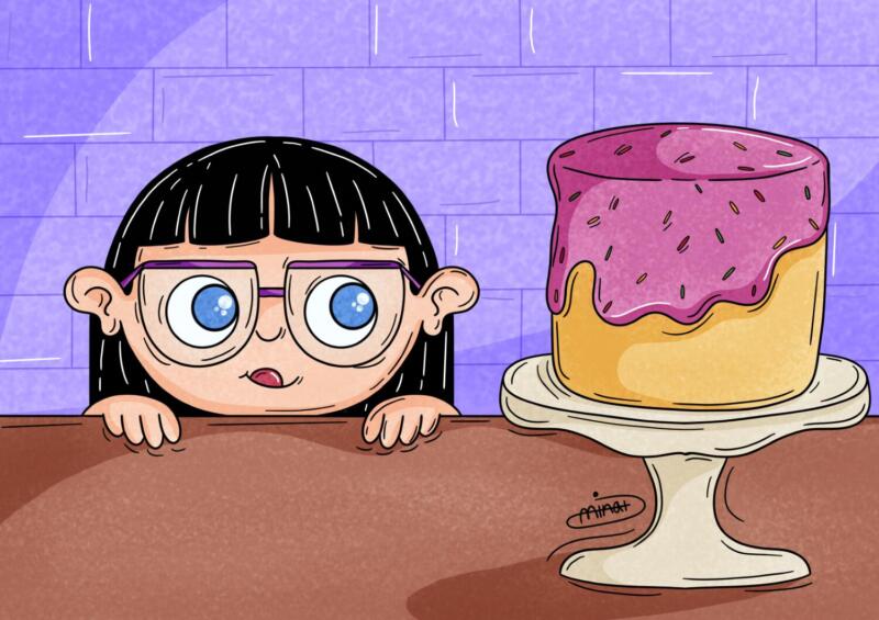 Illustration av en tjej med glasögon som tittar på en stor tårta