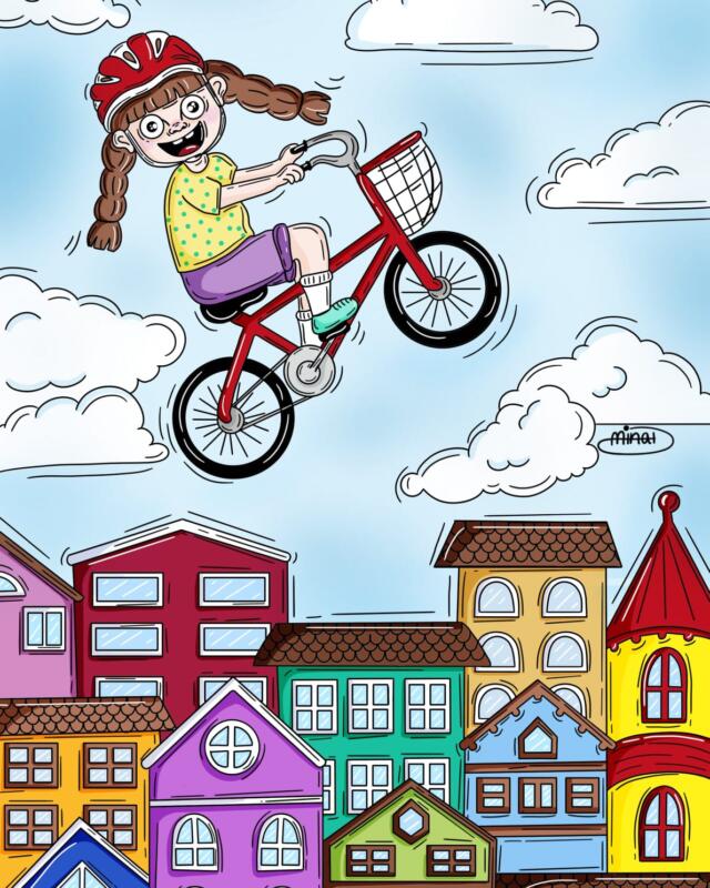 En tjej som cyklar över Stockholm med sin röda cykel
