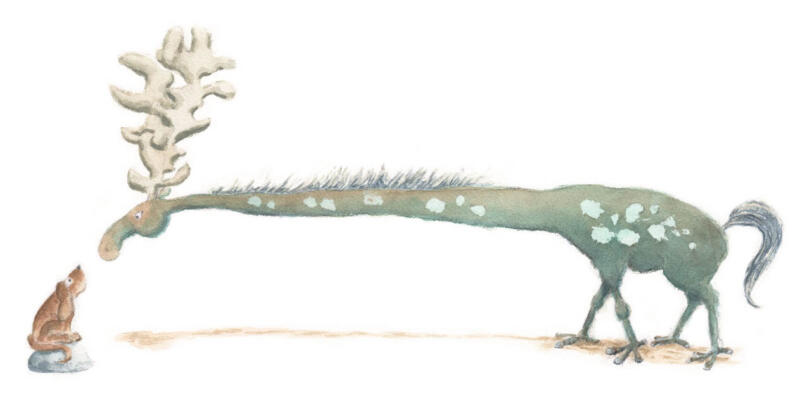 Akvarell av ett djur med lång hals