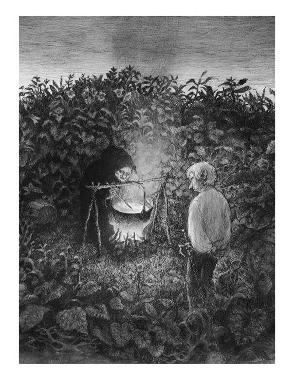 En gammal kvinna i trasig och nött klädnad rör i en gryta som hänger över en öppen eld. Den omgivande miljön är en magiskt överdimensionerad potatisåker. Hjälten i berättelsen, Sven, träder in på scenen med ett tvåhandsfattat långsvärd vid sin sida. Det skymmer.