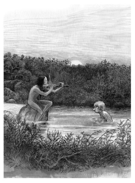 En fiolspelande spöklik gestalt sitter på en sten i en bäck, fixerande en ung man som hypnotiseras av tonerna från felan. En stigande fullmåne skymtar i vegetationen på marknivå.