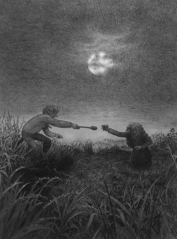 Ung man med blommor i skjortfickan och ett långsvärd vid sin sida sträcker fram en träslev mot en flicka som fastnat i lervällingen. En fullmåne belyser scenen genom slöjmoln. Daggdroppar på det högvuxna gräset glittrar i månskenet.