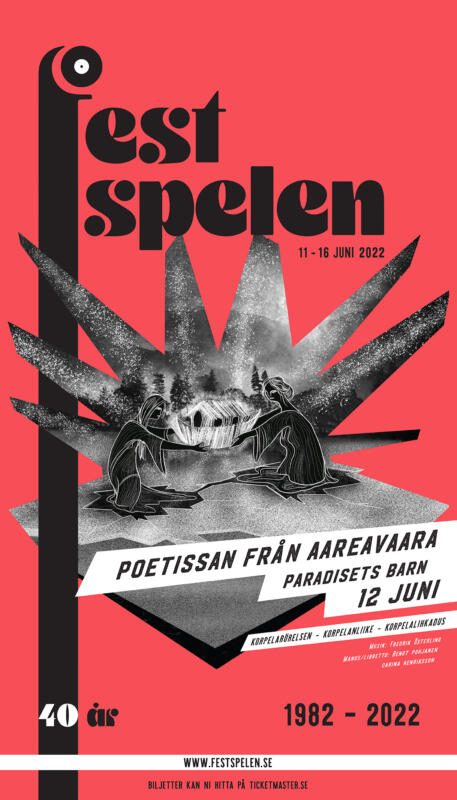 Poster föreställning:  Poetissan från Aareavaara. Röd bakgrund med svarta rubriker mot vita fält och inklippt illustration. 