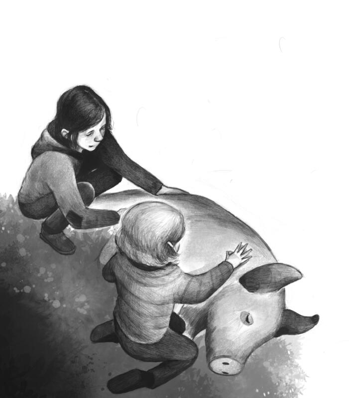 Illustration av barn som klappar en gris, till barnboken Mysteriet om Svarte Trulsen