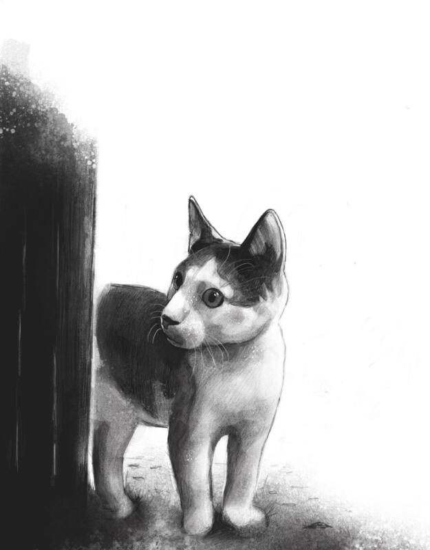 Illustration av en katt, till barnboken Mysteriet om Svarte Trulsen