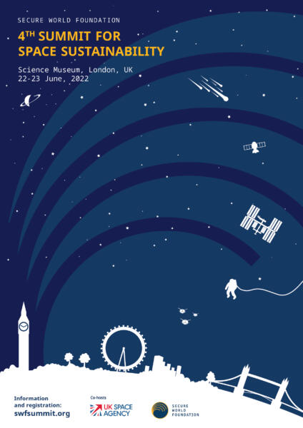 Poster and main graphic for the international space conference Summit for Space Sustainability. Large dark blue area in two shades. London skyline and space objects and spaceflight opbjects in white - astronaut, satellites, ISS, meteorites, Saturn.