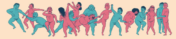 Illustration till artikel, en grupp människor av olika kön, alla nakna är engagerade i en slags koreograferad dans. De är tonade i rött och grönt.