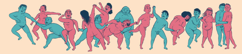 Illustration till artikel, en grupp människor av olika kön, alla nakna är engagerade i en slags koreograferad dans. De är tonade i rött och grönt.