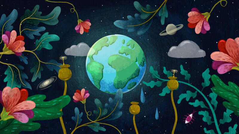 illustration om hållbarhet ute i rymden med ett jordklot, blommor, växter, atmosfär, moln och planeter.
