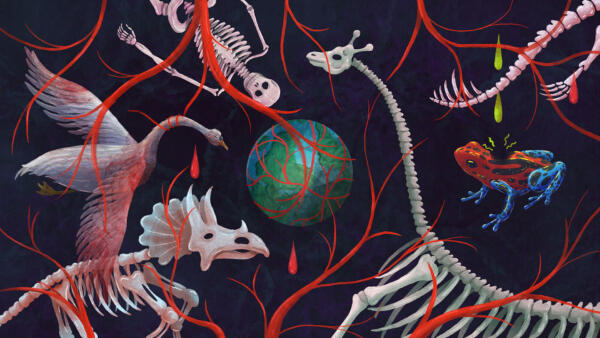 Illustration och animation om hållbarhet och massdöd. En jordklot som blöder med döda djur och skelett runt omkring. Giftig atmosfär.