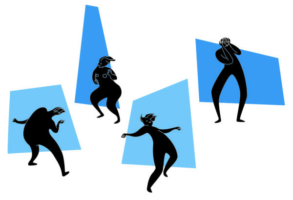  Bilden representerar svarta vektor figurer som dansar mot blåfärgade geometriska figurer. 