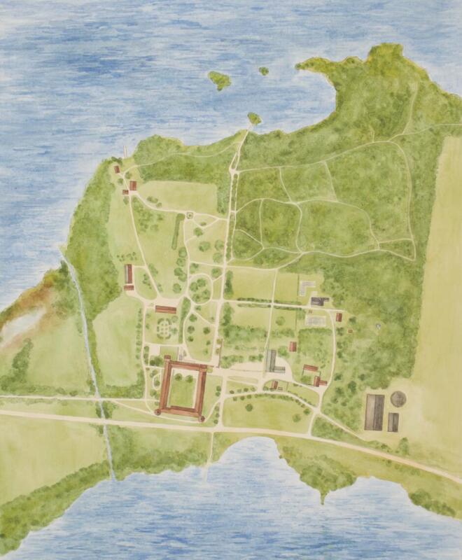 Målad karta över slottet Bäckaskog och dess gamla bruksmiljö