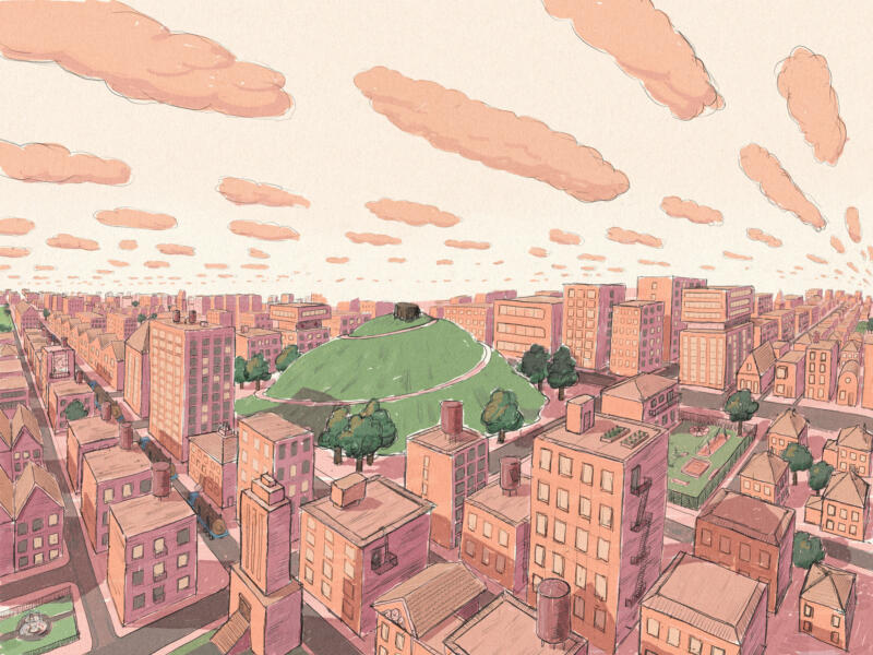 Illustration of view after extremely large tree is cut down in a city